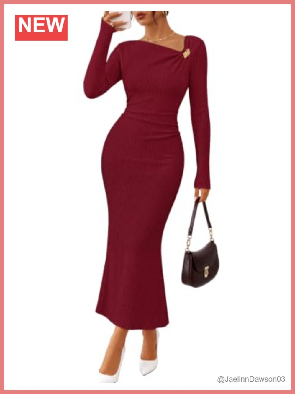 Ribbed Knit Long Sleeve Mermaid Maxi Dress Asymmetrical Neck Ruched Waist